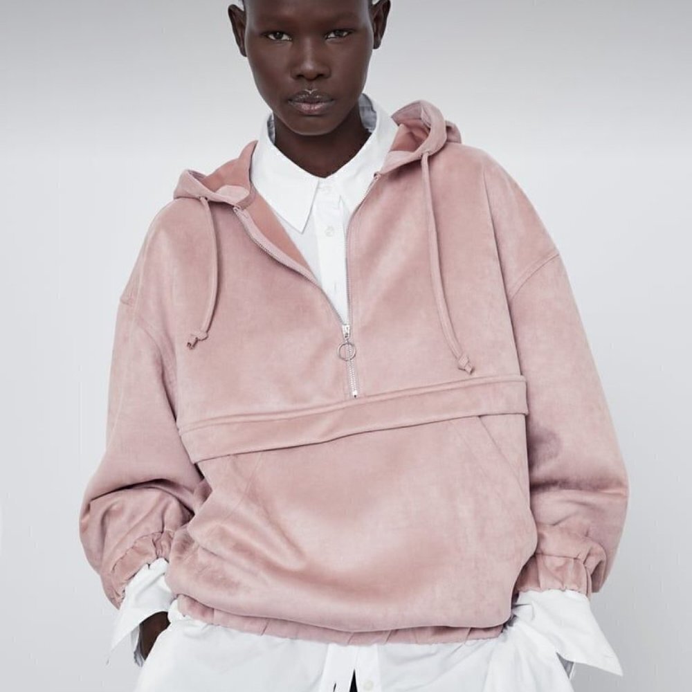 Zara Pink Vegan Suede Half Zipper Soft Sweatshirt Hoodie, Size XS